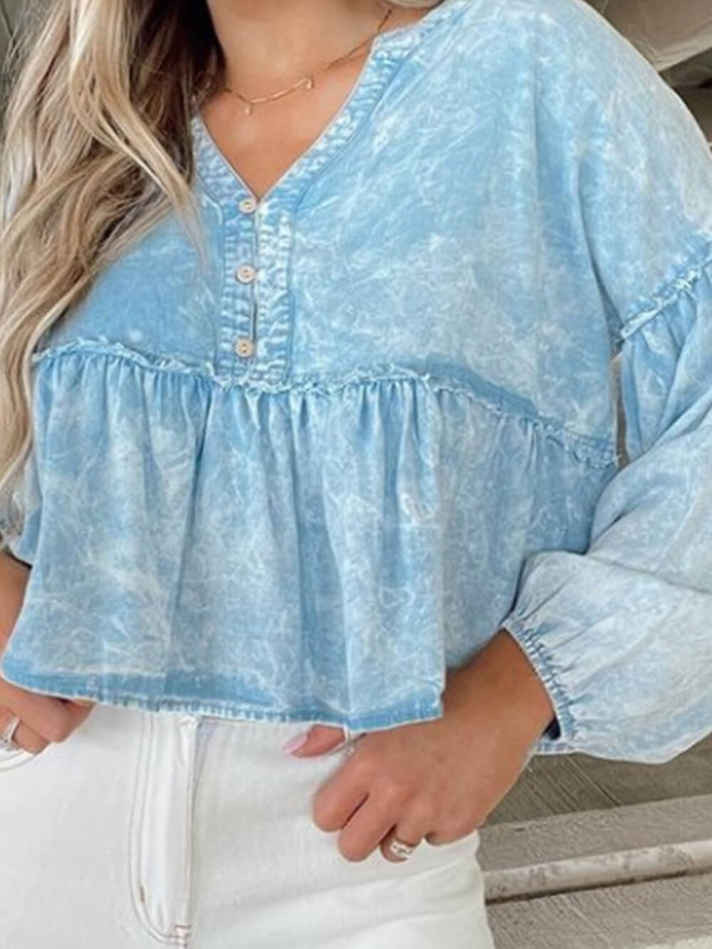 Washed Denim Peplum Baby Doll Top-CALLISTARI