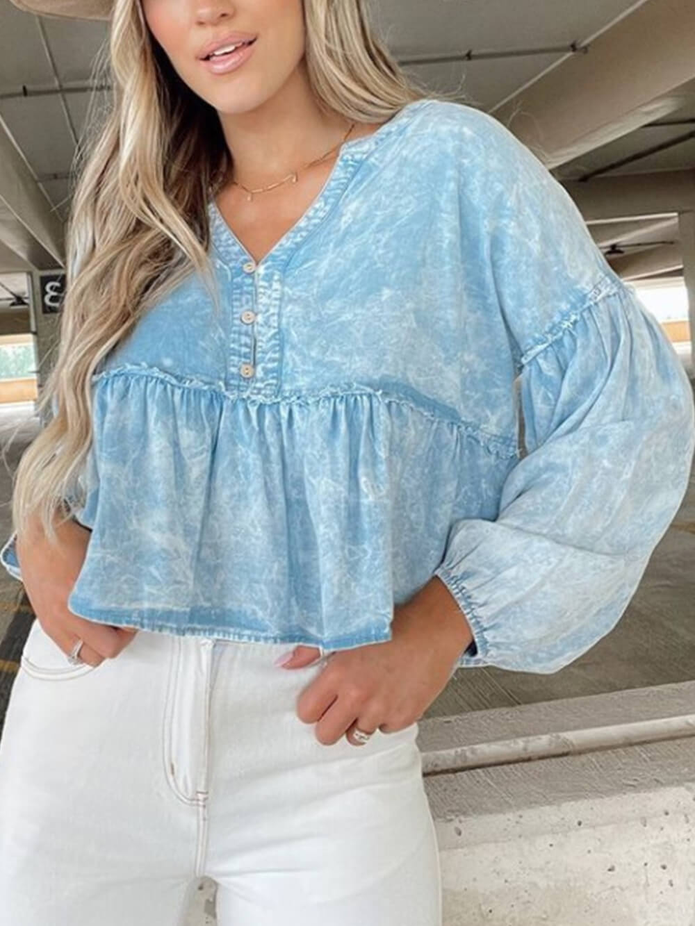 Washed Denim Peplum Baby Doll Top-CALLISTARI
