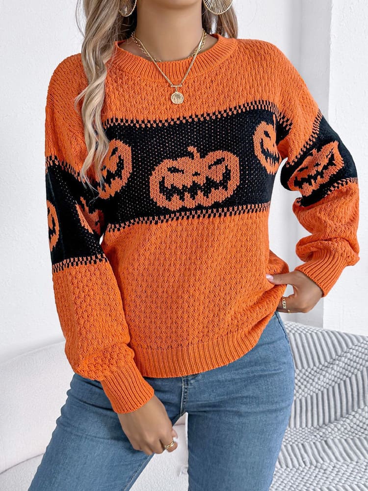 Halloween Pumpkin Head Color-Block Crew Neck Knit Sweater-CALLISTARI
