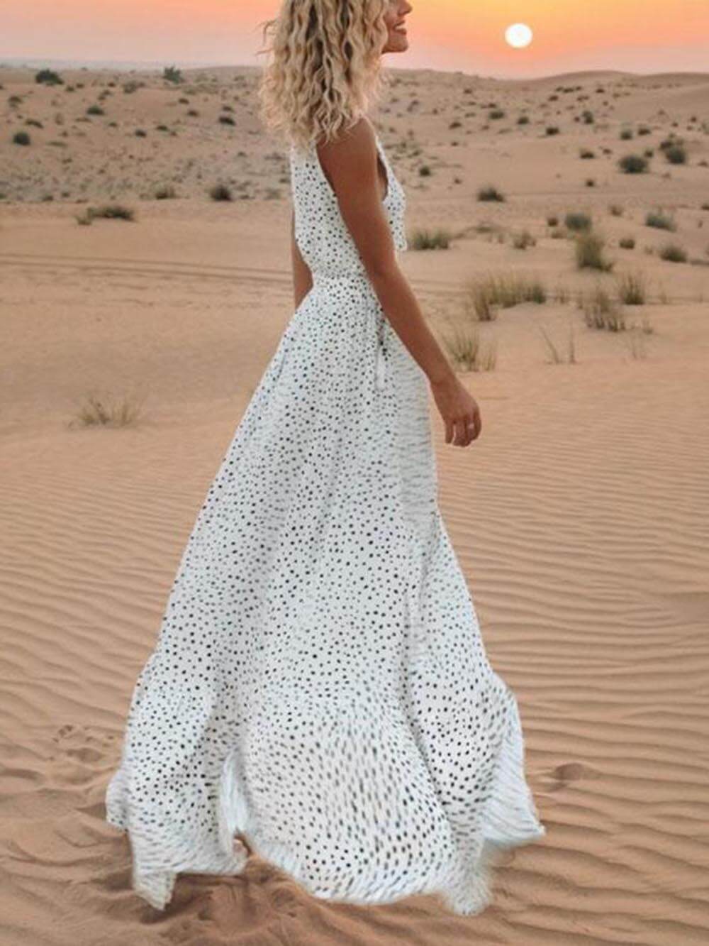 Bohemian V-Neck Sleeveless Polka-Dot Maxi Dress-CALLISTARI