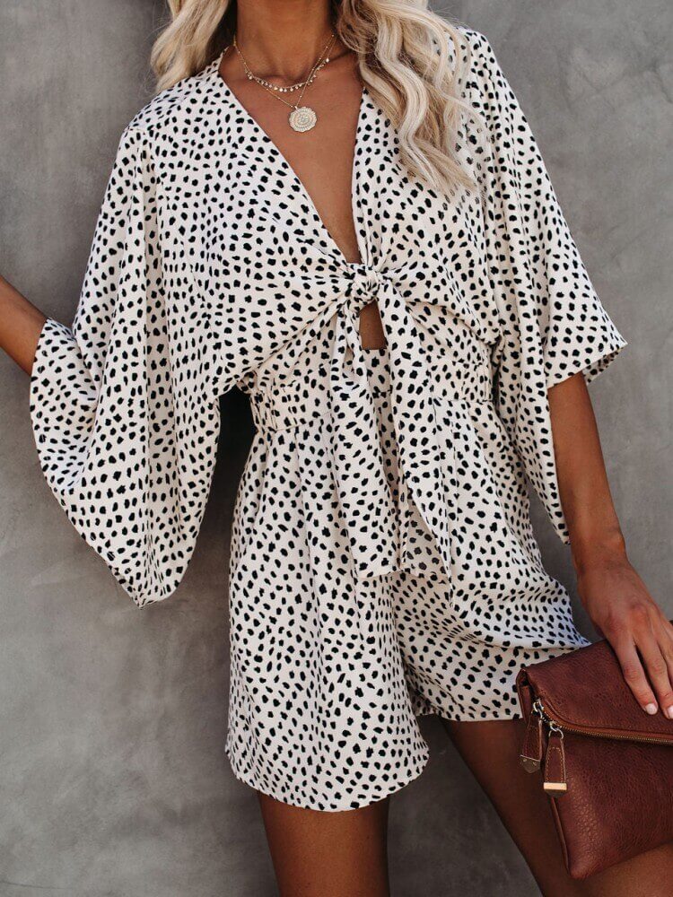 V-Neck Polka Dots Printed Pocketed Tie Romper-CALLISTARI