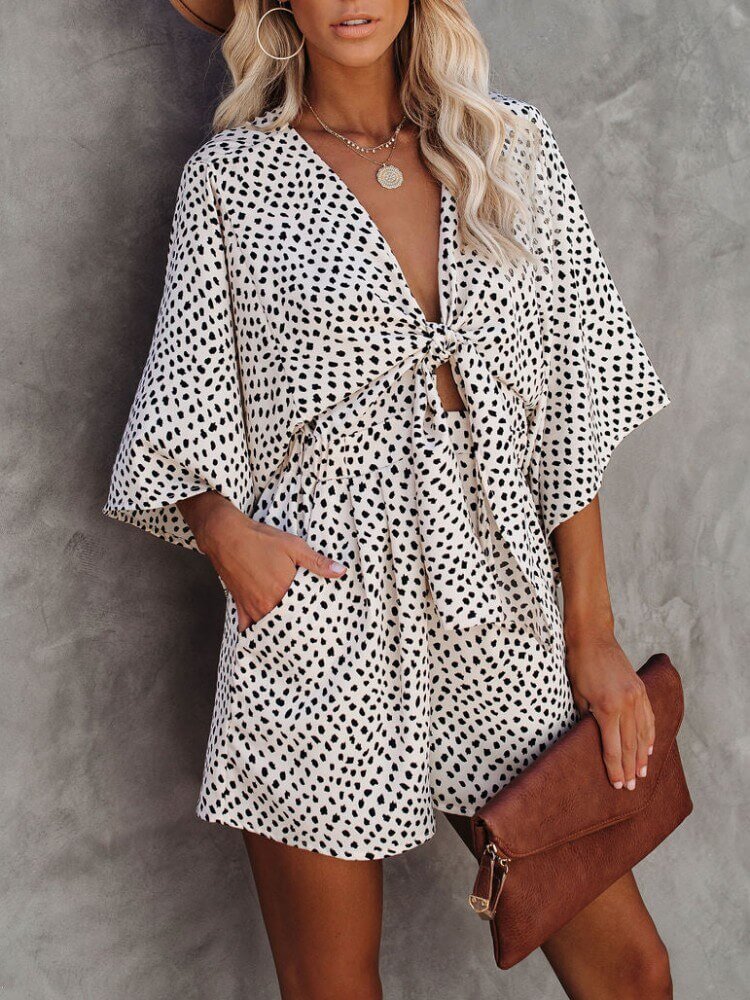 V-Neck Polka Dots Printed Pocketed Tie Romper-CALLISTARI