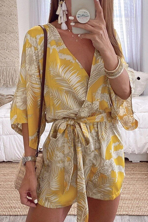 Kimono V Neck Leaf Print Wrapped Batwing Romper In Yellow-CALLISTARI