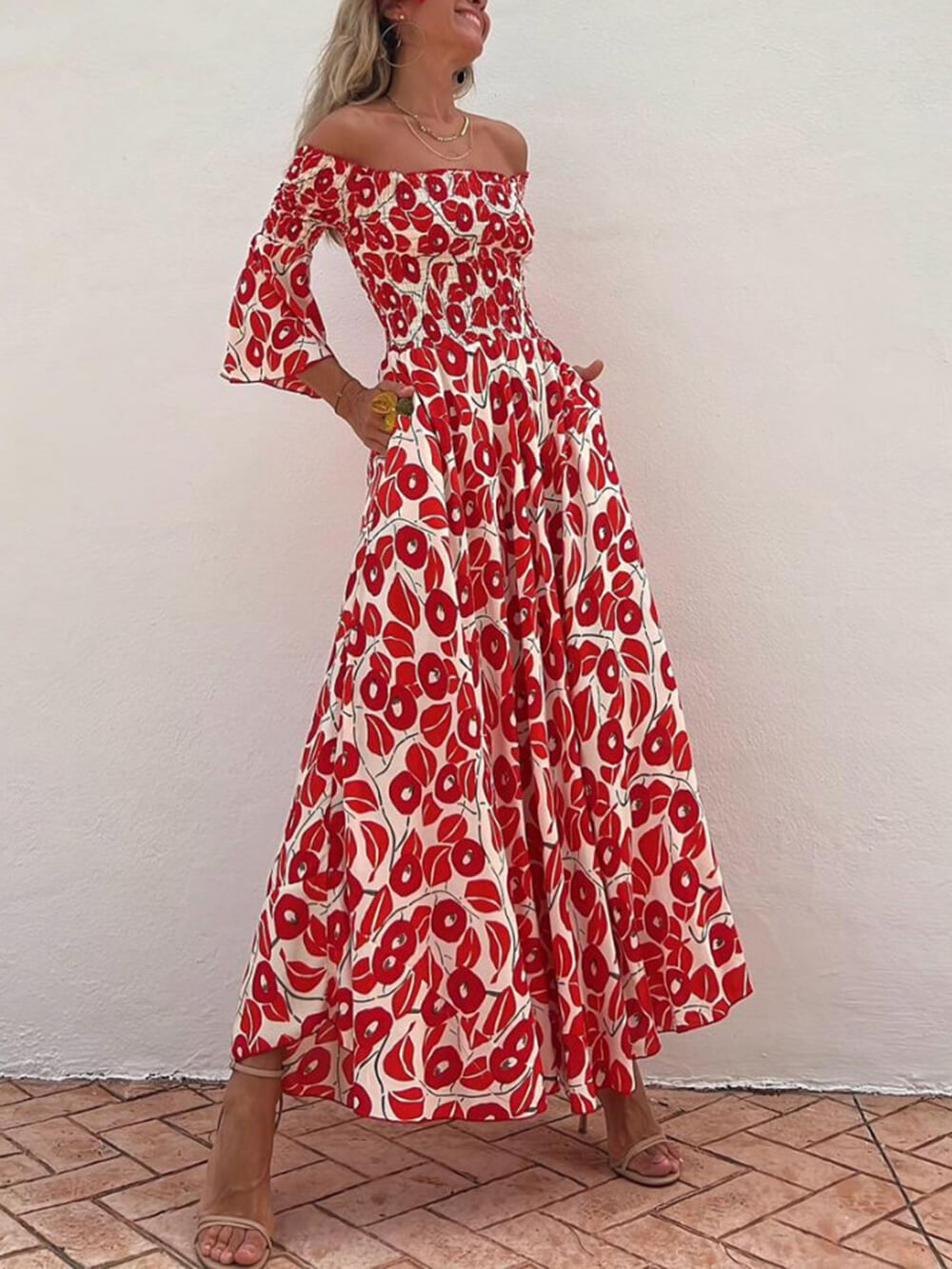 Floral Print Smocked Off Shoulder Pocketed Maxi Dress-CALLISTARI