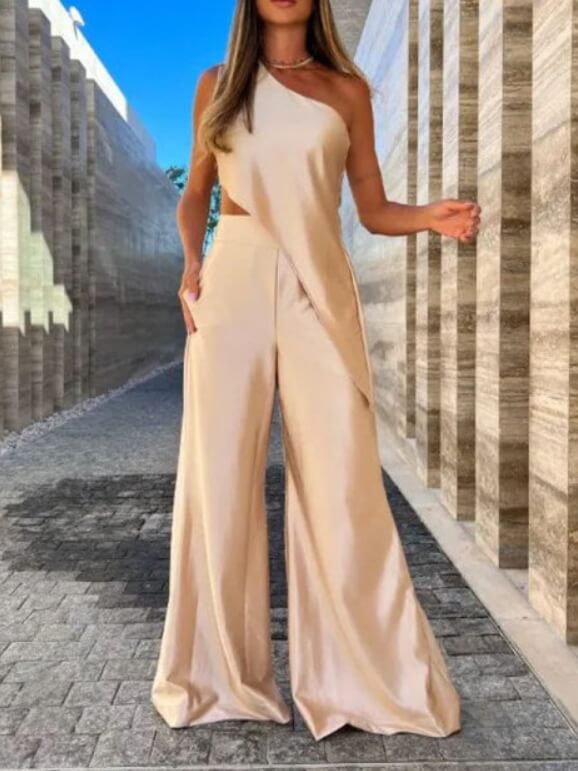 Strapless Asymmetric Drape Wide-Leg Prom Jumpsuit-CALLISTARI