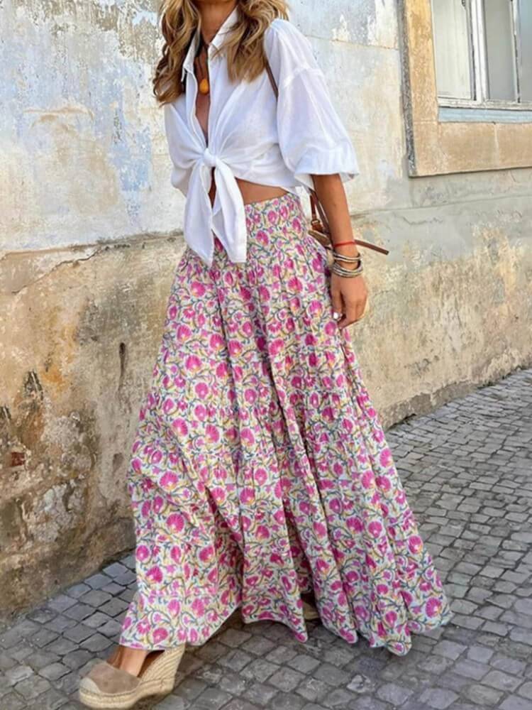 Rose Floral Print Boho Maxi Skirt-CALLISTARI