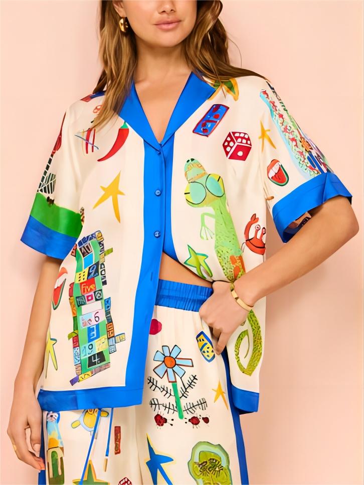 Color Block Personalized Printed Vacation Casual Loose Shirt-CALLISTARI