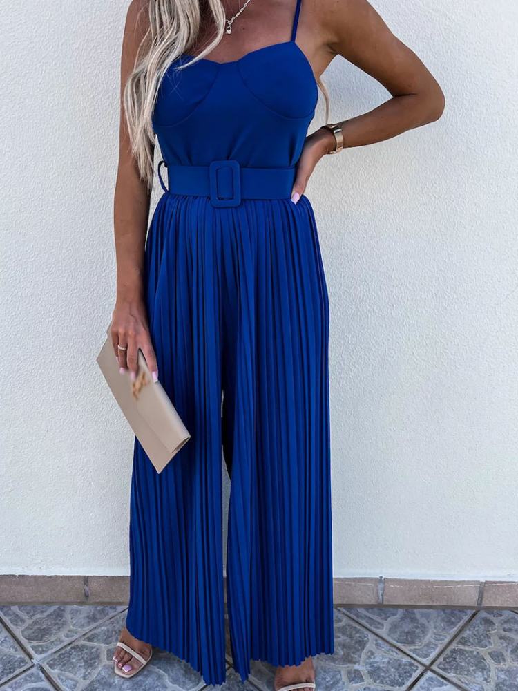 Strappy Jumpsuit With Wide Leg Pleated Detail In Cobalt Blue-CALLISTARI