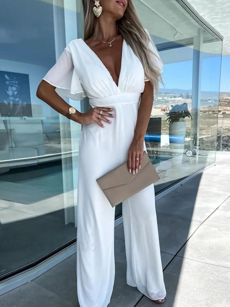 V Neck Mousseline Flutter Sleeve Jumpsuit In White-CALLISTARI