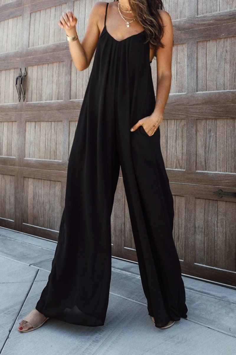 Solid Patchwork Spaghetti Strap Oversized Maxi Jumpsuit In Black-CALLISTARI