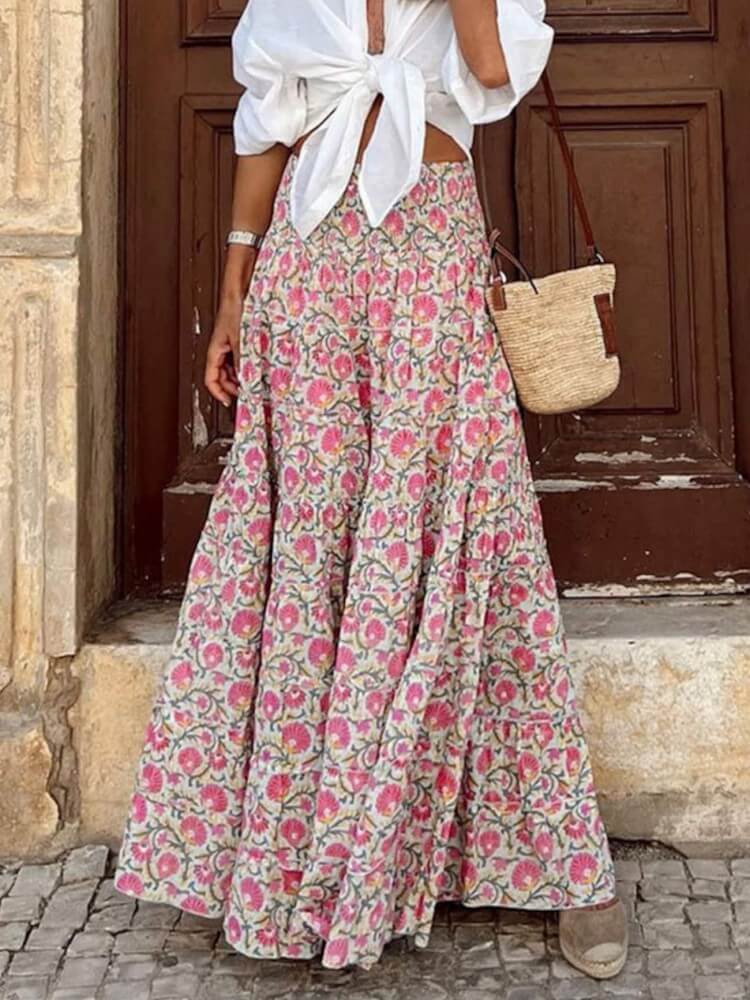 Rose Floral Print Boho Maxi Skirt-CALLISTARI