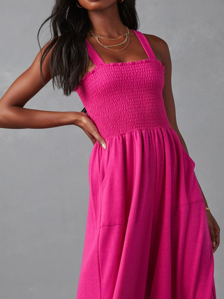 Smocked Pocketed Jumpsuit In Barbie Powder-CALLISTARI