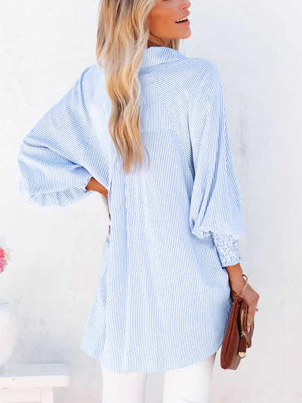 Sky Blue Smocked Cuffed Striped Boyfriend Shirt with Pocket-CALLISTARI