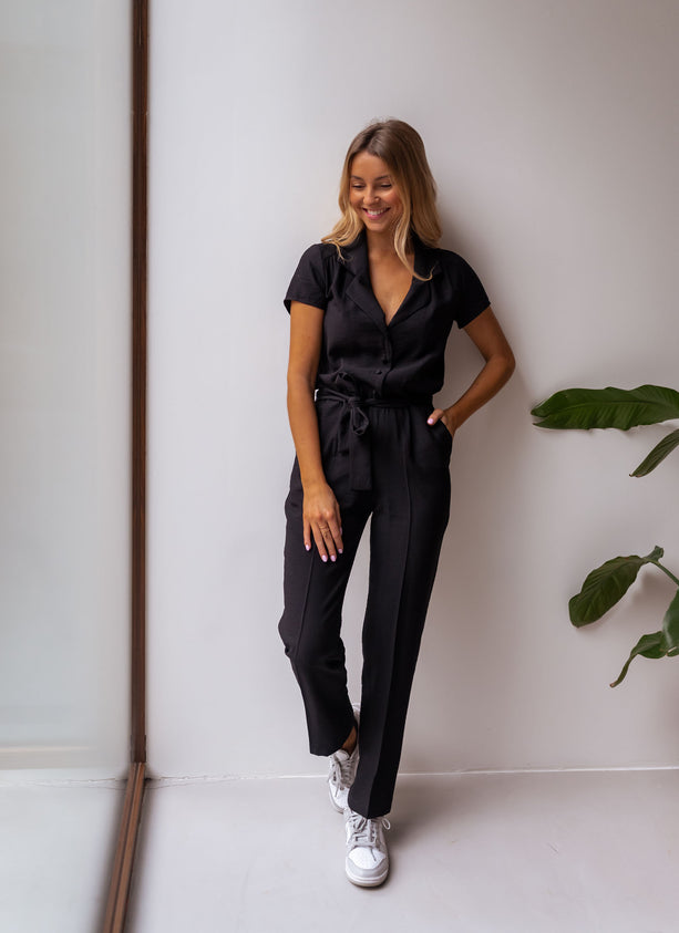 Callistari Black Belted Button Down Jumpsuit-CALLISTARI