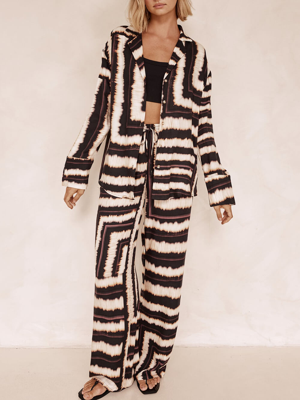Signature Strip Textured Chocolate Print Baggy Pants-Set-Mesadic