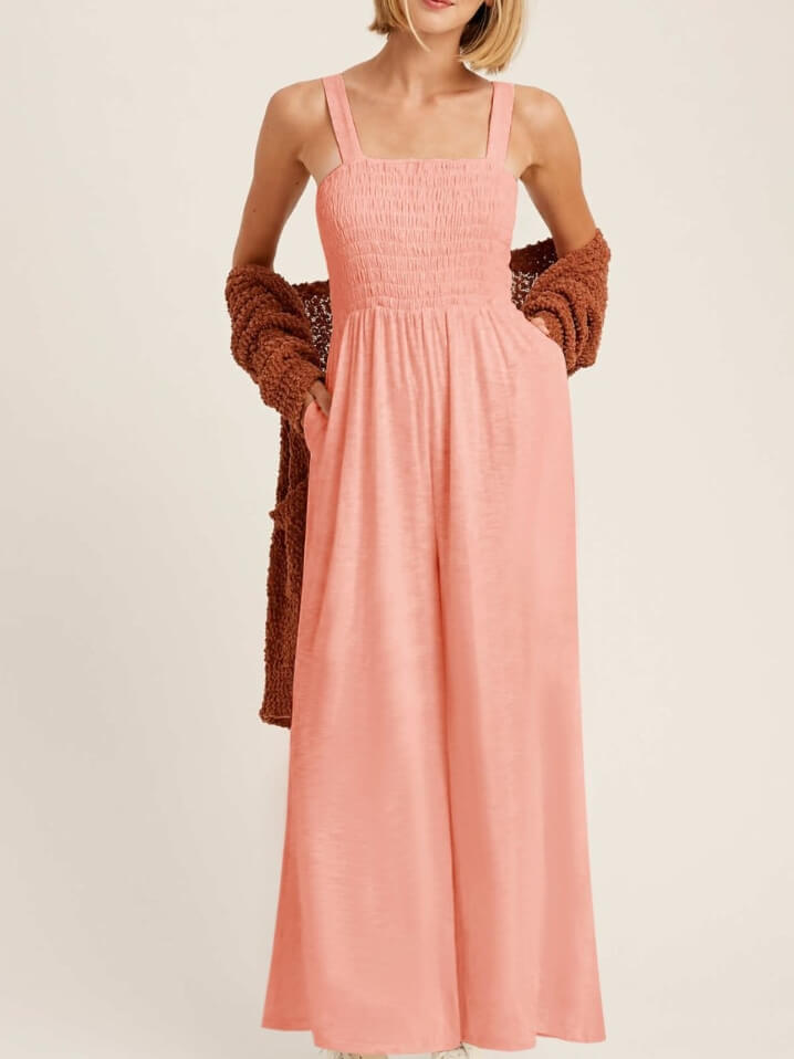 Smocked Pocketed Jumpsuit In Peach-CALLISTARI