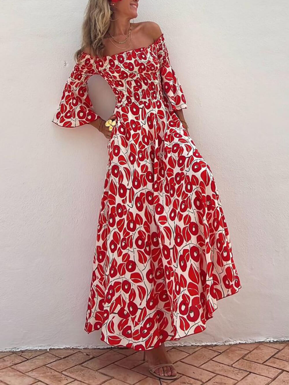 Floral Print Smocked Off Shoulder Pocketed Maxi Dress-CALLISTARI