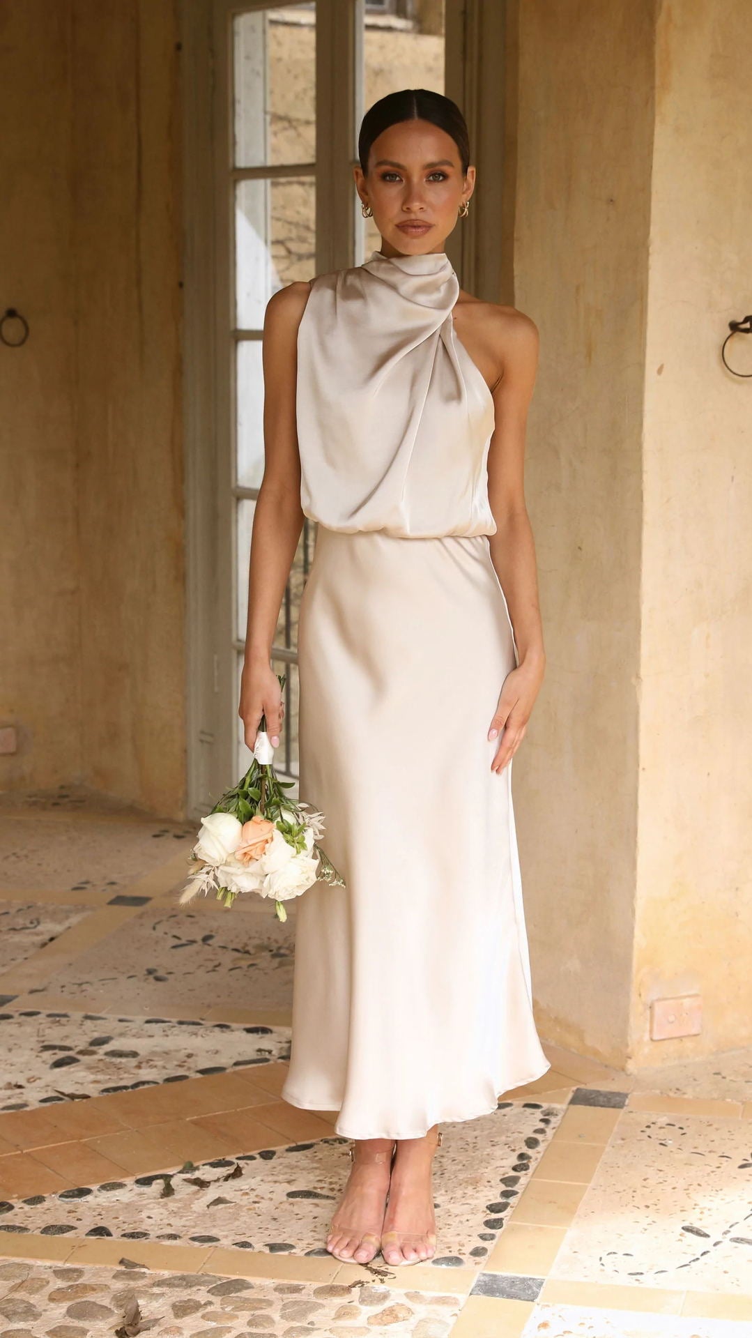 Curve Satin Ruched Halter Neck Maxi Dress In Orchid-CALLISTARI