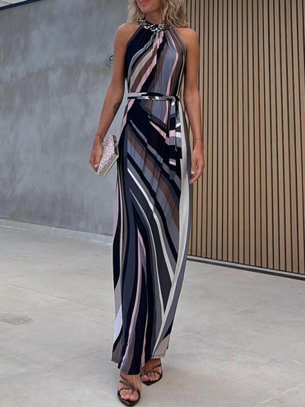 Casual Loose Halterneck Striped Gradient Print Maxi Dress-CALLISTARI