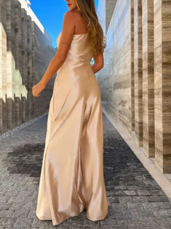 Strapless Asymmetric Drape Wide-Leg Prom Jumpsuit-CALLISTARI
