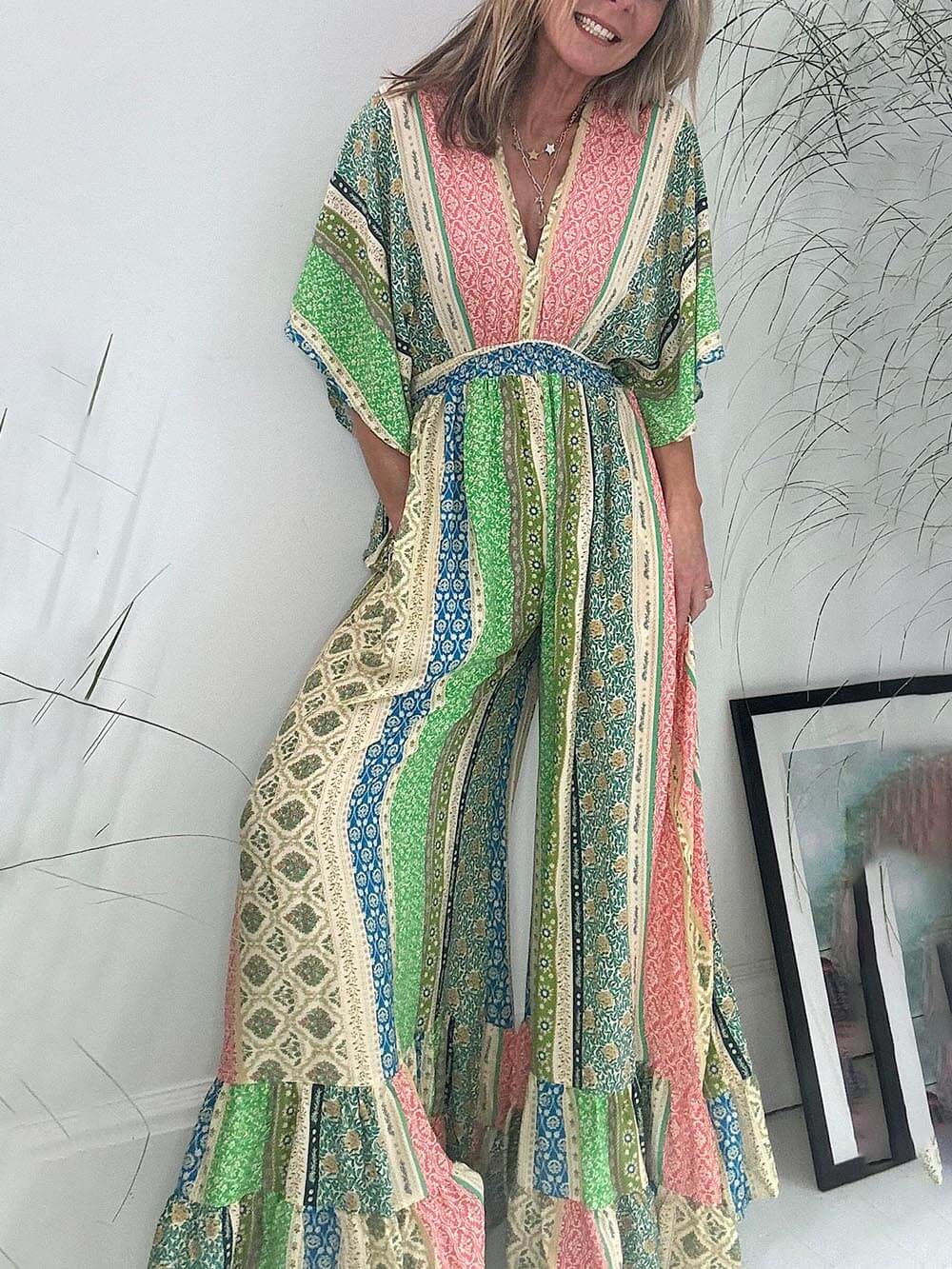 Retro Floral Flare Sleeve Pocketed Loose Wide Leg Jumpsuit-CALLISTARI