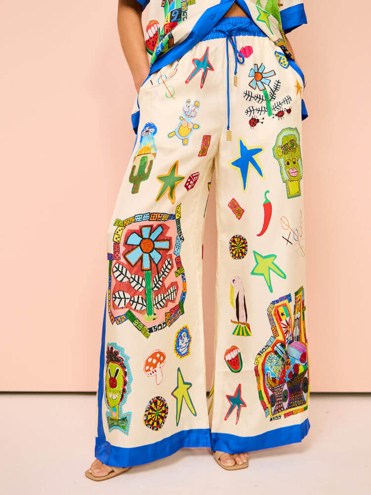 Personalized Printed Color Matching Holiday Casual Lace Wide-Leg Pants-Set-Mesadic