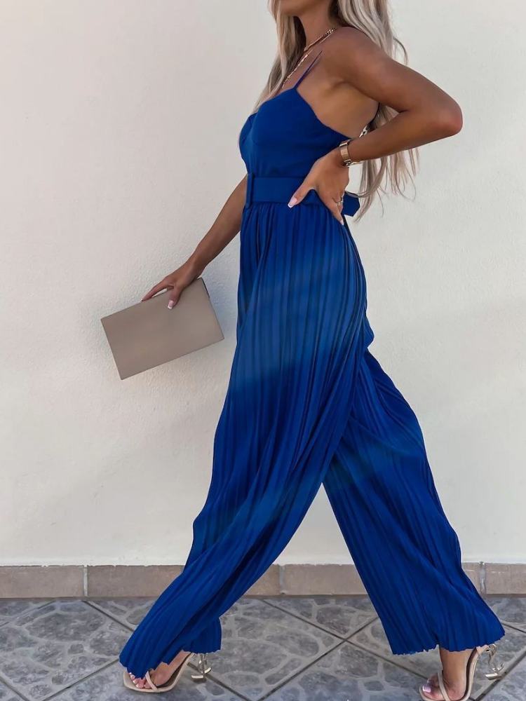 Strappy Jumpsuit With Wide Leg Pleated Detail In Cobalt Blue-CALLISTARI