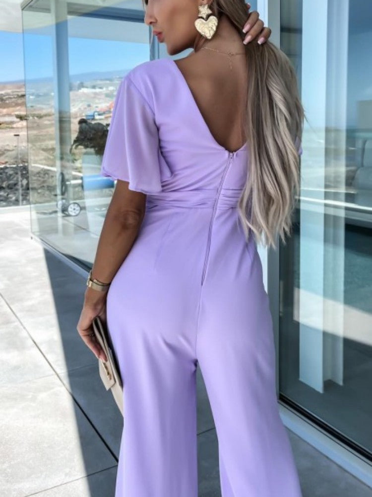 V Neck Mousseline Flutter Sleeve Jumpsuit In Lilas-CALLISTARI
