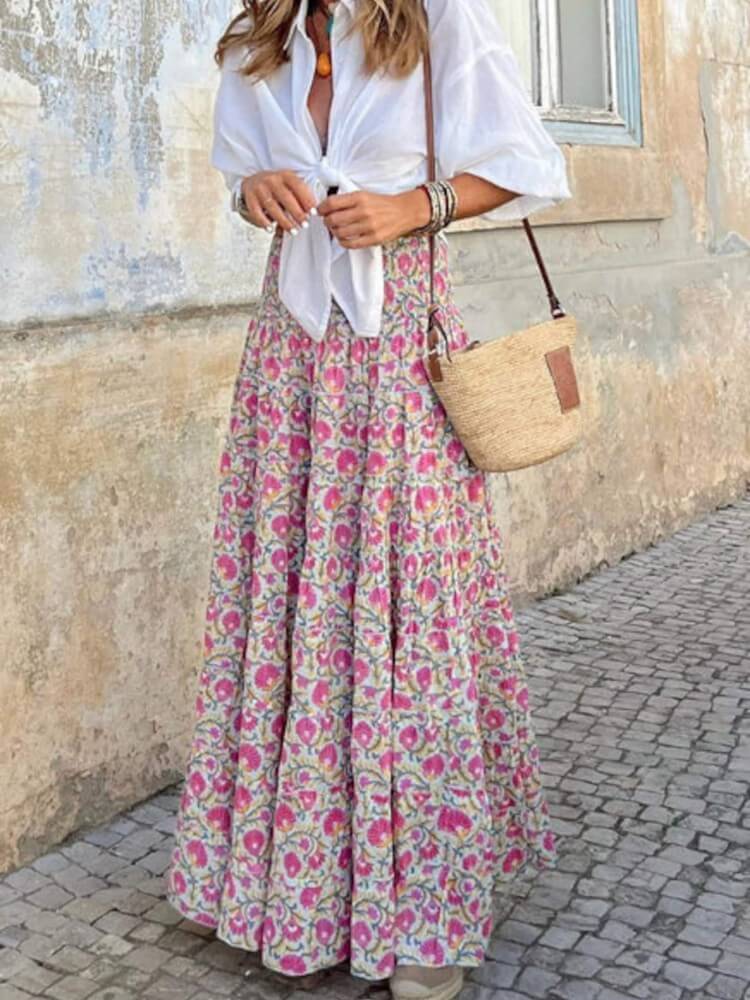 Rose Floral Print Boho Maxi Skirt-CALLISTARI