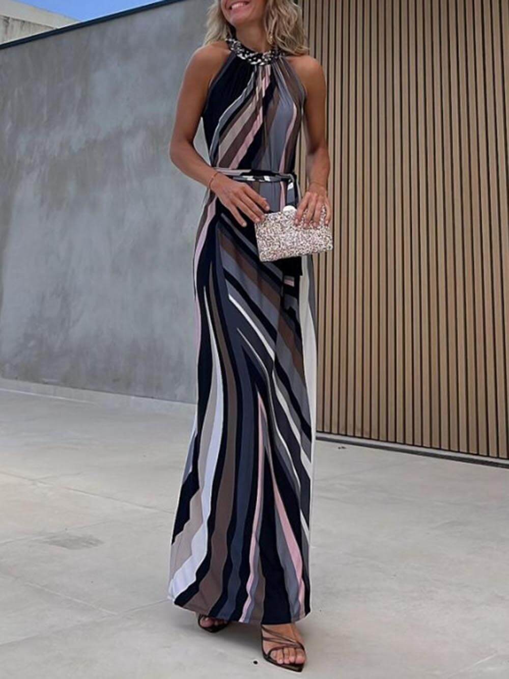 Casual Loose Halterneck Striped Gradient Print Maxi Dress-CALLISTARI