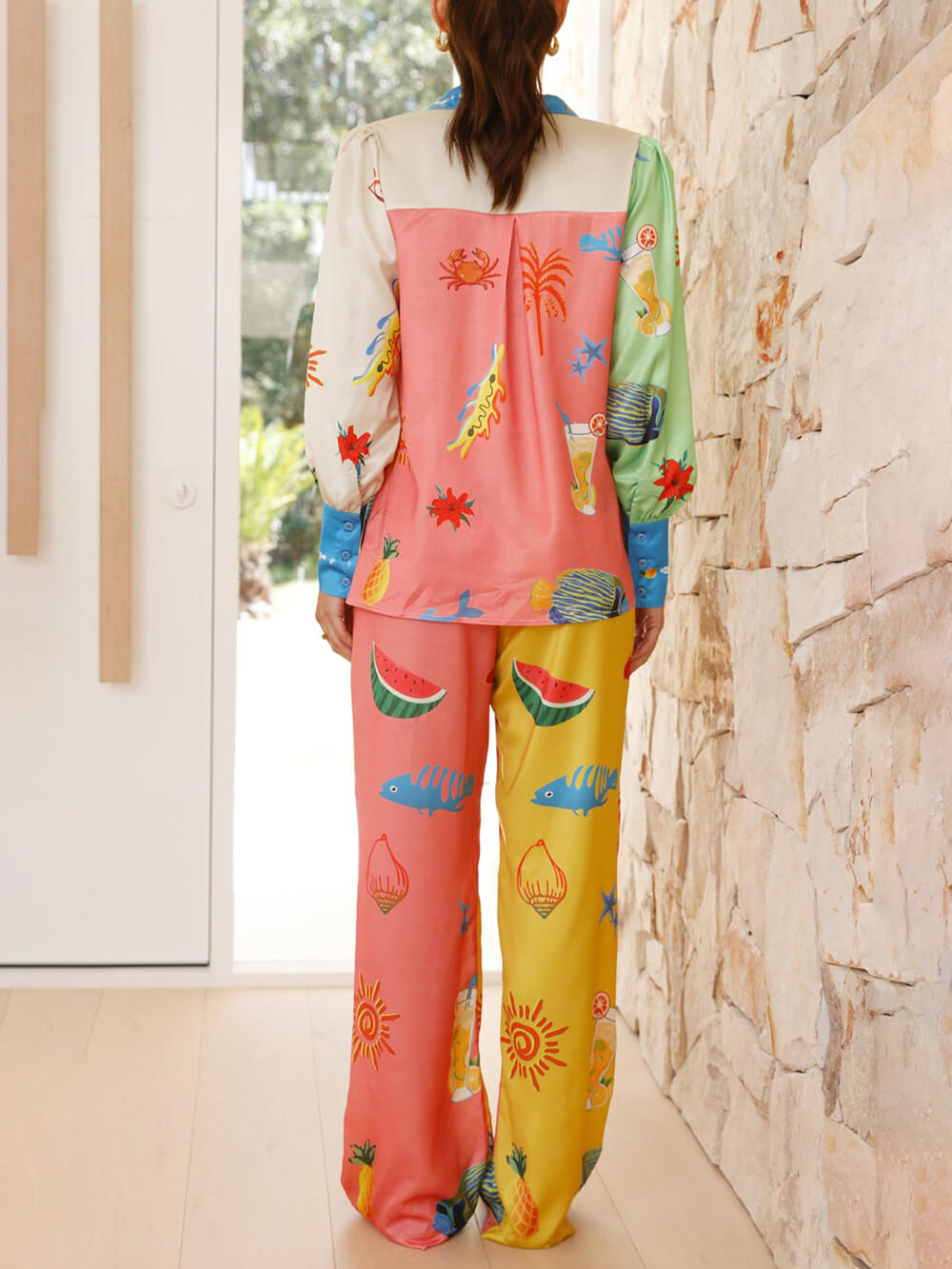 Callistari Unique Vacation Print Elastic Waist Pocket Pants-CALLISTARI