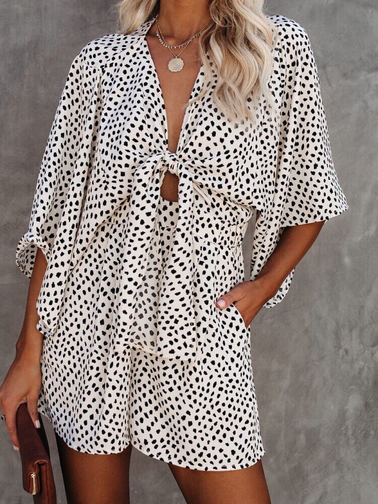 V-Neck Polka Dots Printed Pocketed Tie Romper-CALLISTARI