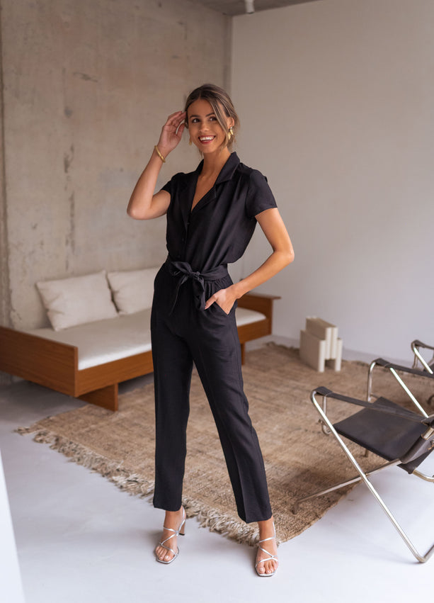 Callistari Black Belted Button Down Jumpsuit-CALLISTARI