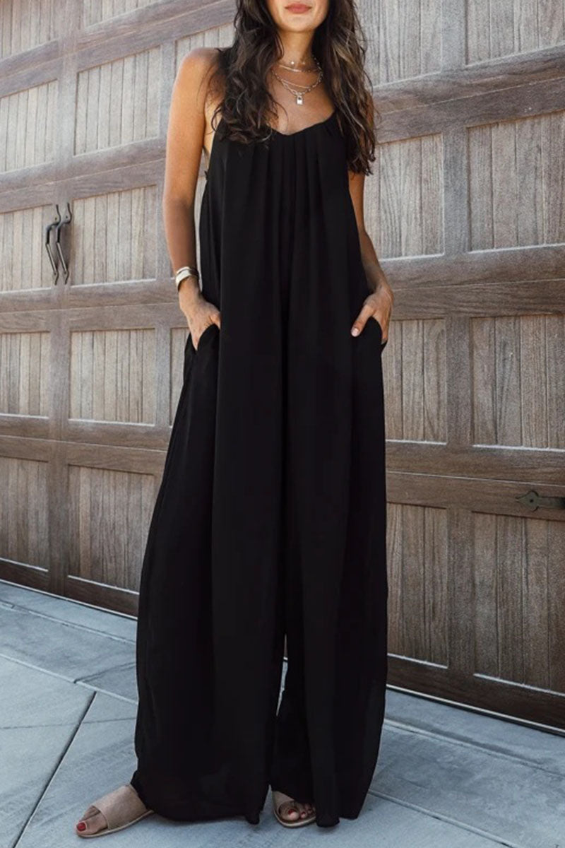 Solid Patchwork Spaghetti Strap Oversized Maxi Jumpsuit In Black-CALLISTARI