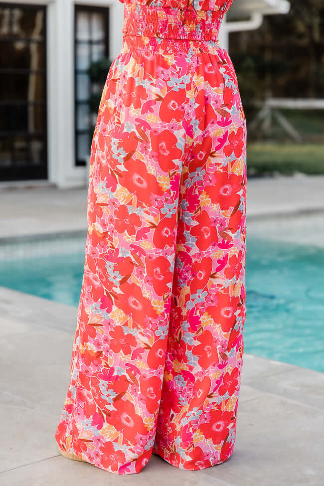 Boho Floral Two Piece Pant Set  In Red Pappy-Mesadic