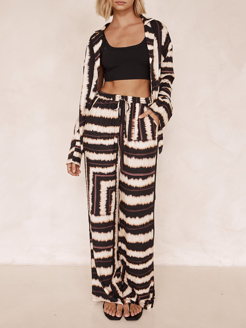 Signature Strip Textured Chocolate Print Baggy Pants-Set-Mesadic