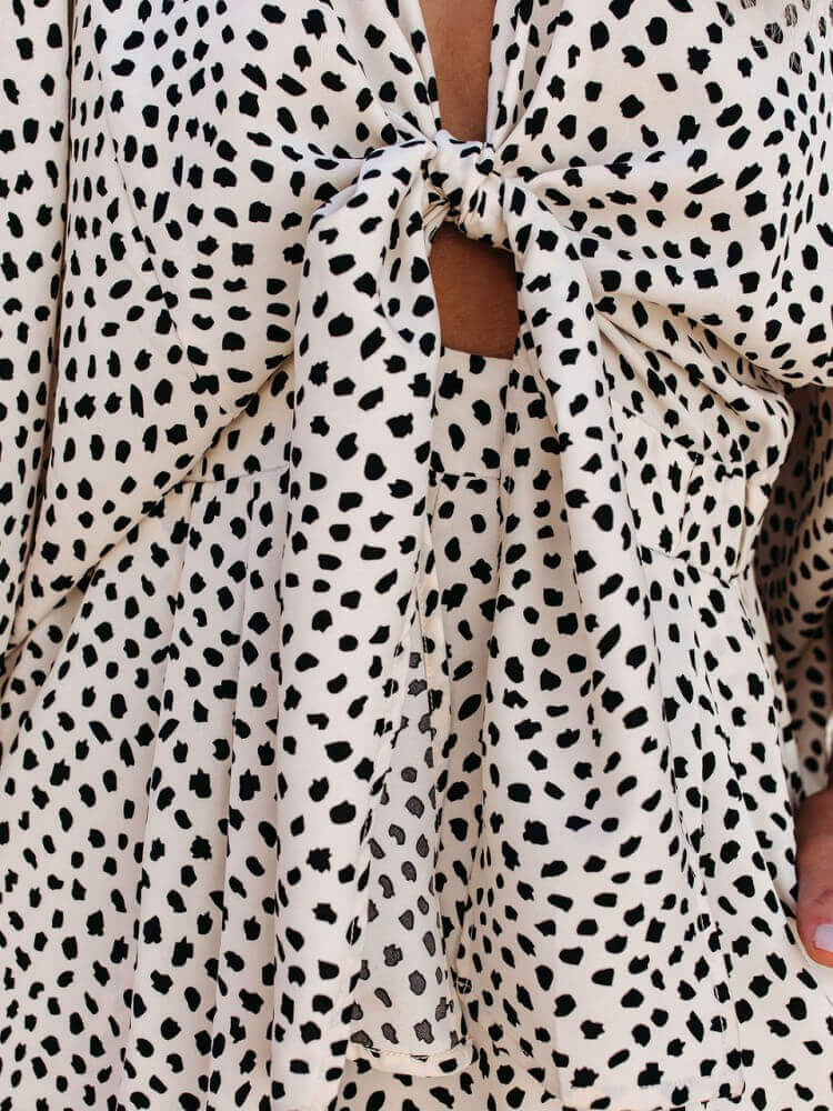 V-Neck Polka Dots Printed Pocketed Tie Romper-CALLISTARI