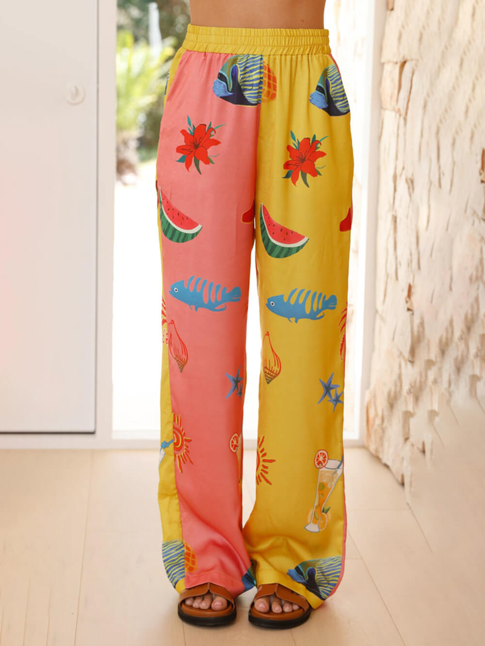 Callistari Unique Vacation Print Elastic Waist Pocket Pants-CALLISTARI