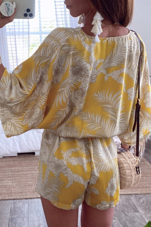 Kimono V Neck Leaf Print Wrapped Batwing Romper In Yellow-CALLISTARI