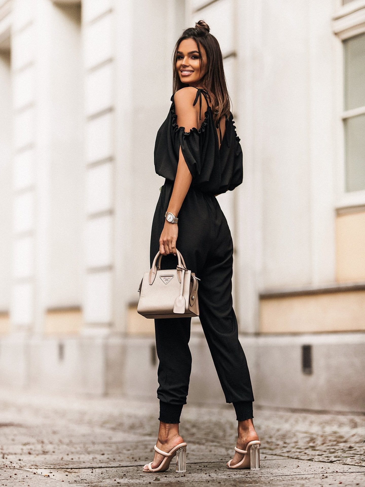 V Neck Cold Shoulder Pencil Pants Jumpsuit-CALLISTARI