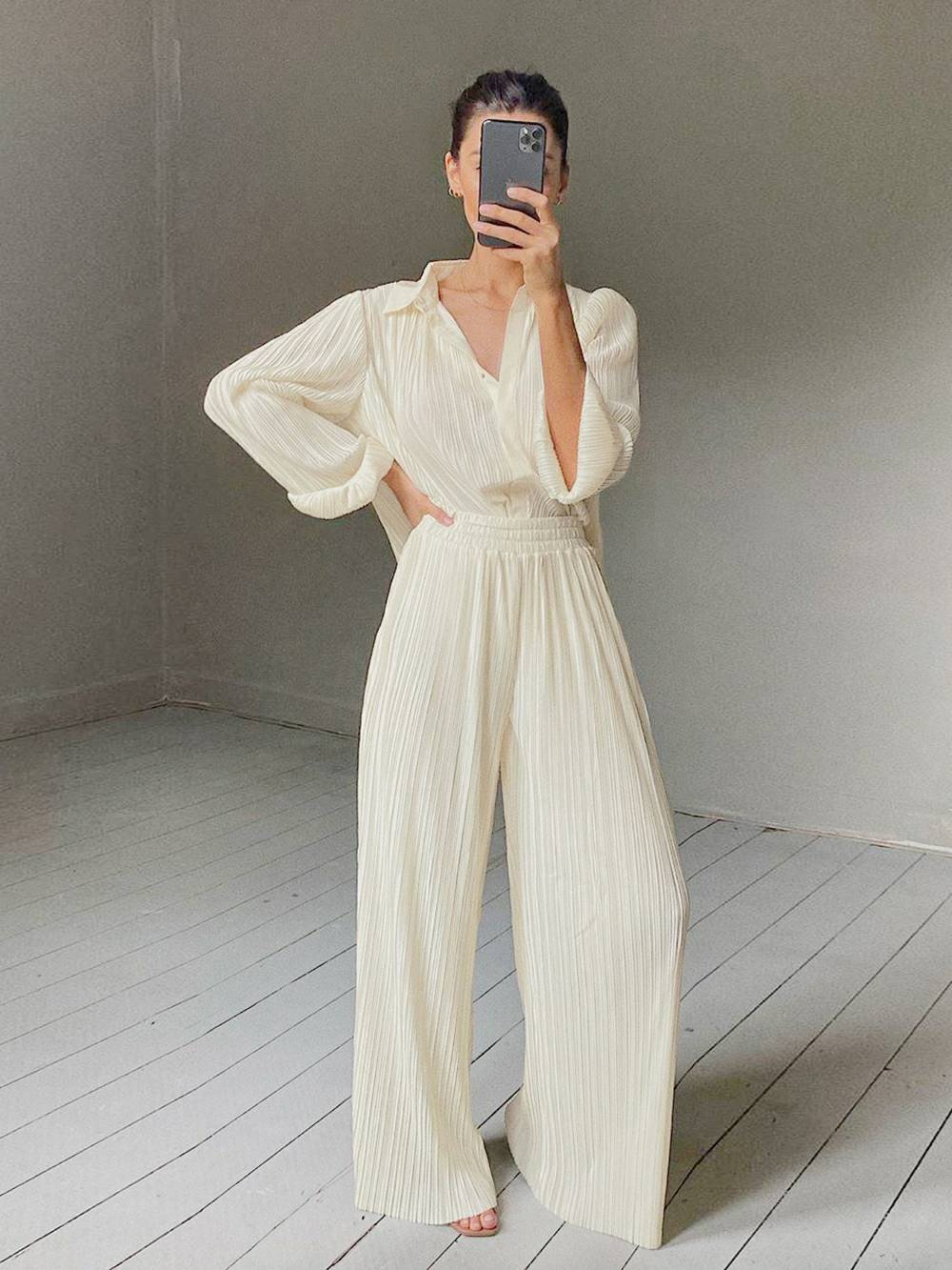 Loose Flared V-Neck Shirt Set-CALLISTARI