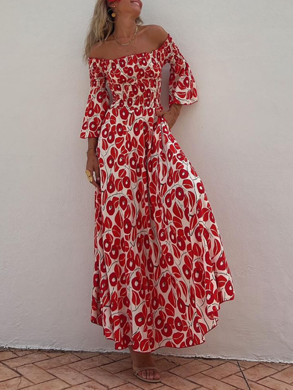 Floral Print Smocked Off Shoulder Pocketed Maxi Dress-CALLISTARI