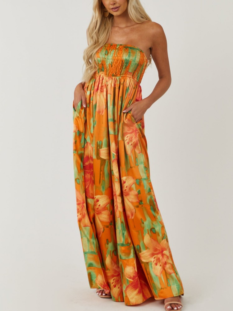 Sunset Floral  Smocked Tube Jumpsuit-CALLISTARI