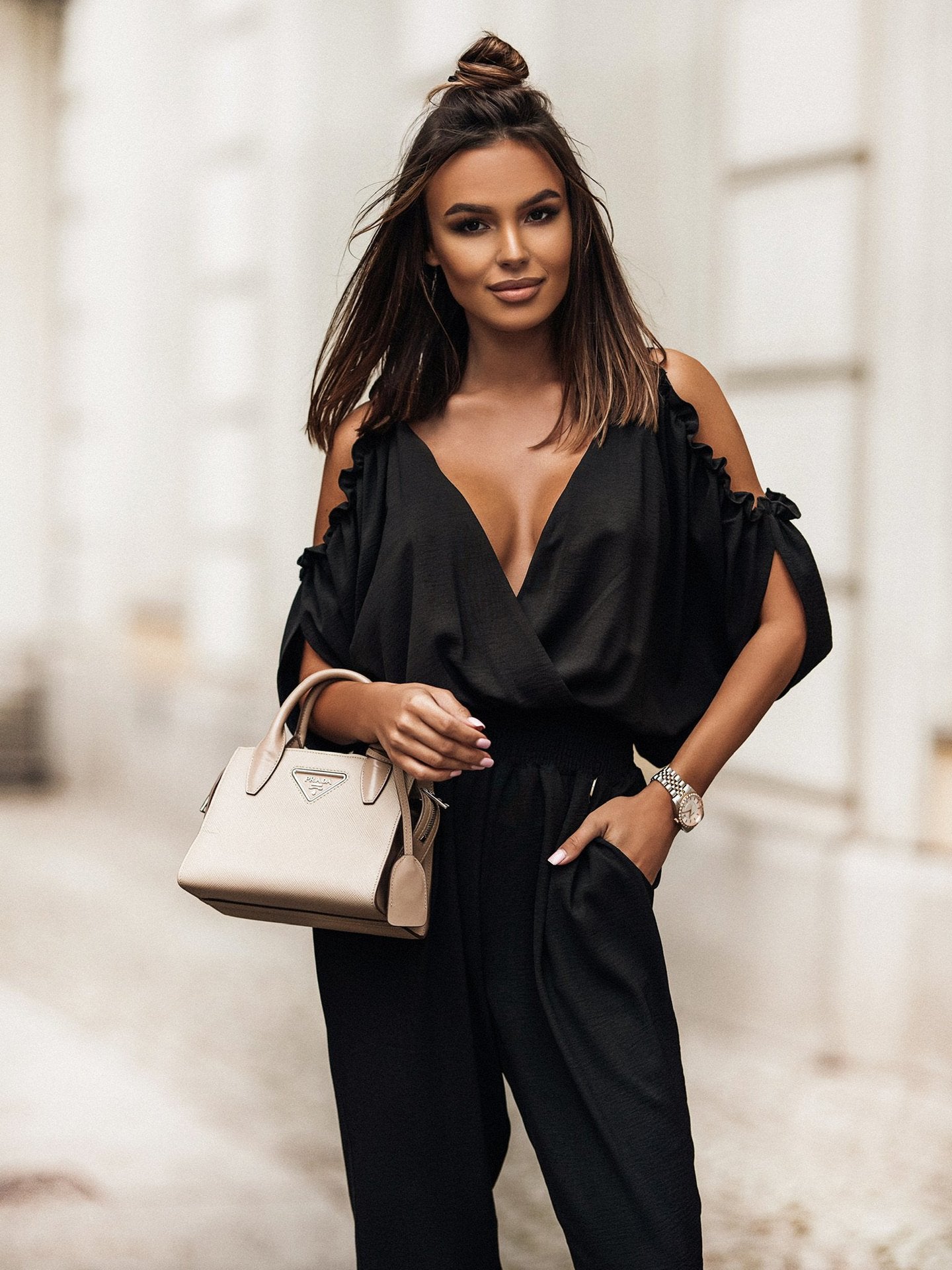 V Neck Cold Shoulder Pencil Pants Jumpsuit-CALLISTARI