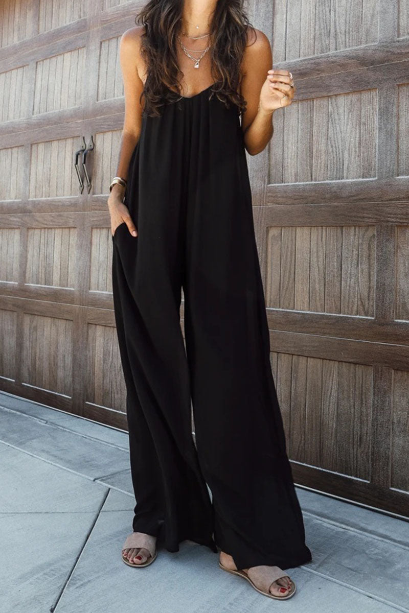 Solid Patchwork Spaghetti Strap Oversized Maxi Jumpsuit In Black-CALLISTARI