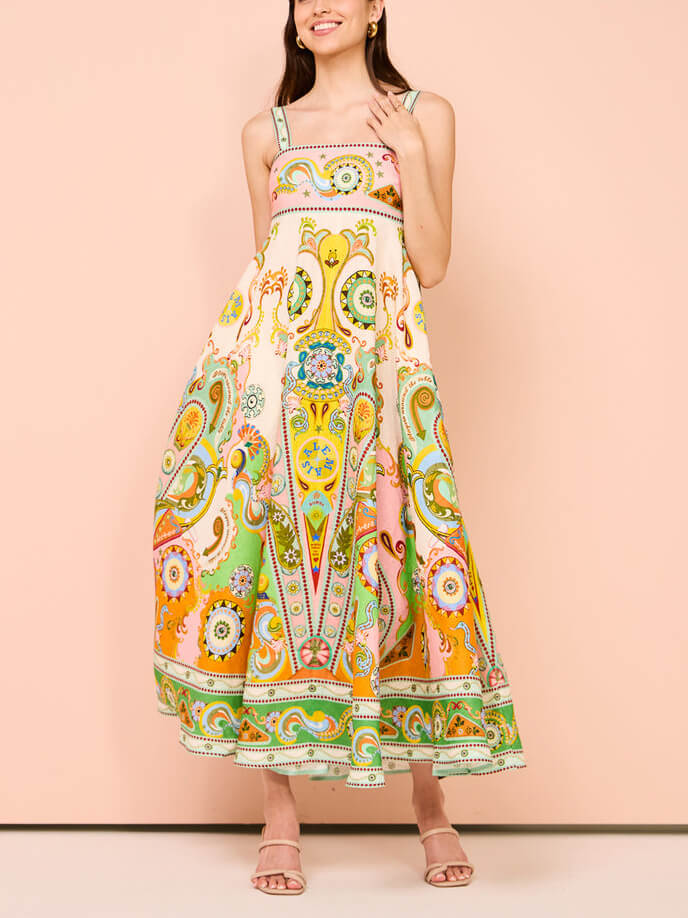 Fashionable Ethnic Unique Holiday Print Midi Dress-CALLISTARI