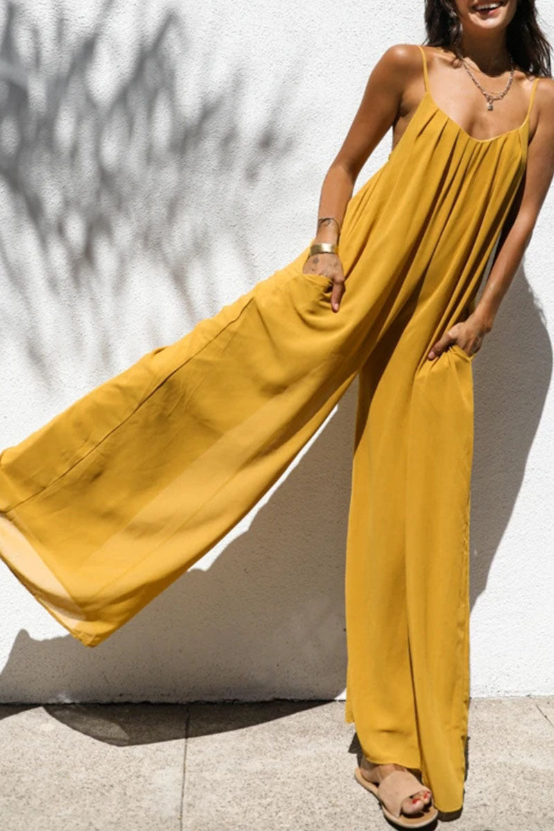 Solid Patchwork Spaghetti Strap Oversized Maxi Jumpsuit In Yellow-CALLISTARI