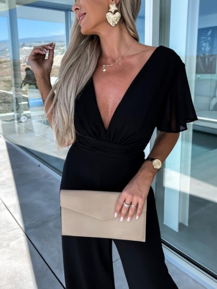 V Neck Mousseline Flutter Sleeve Jumpsuit In Black-CALLISTARI