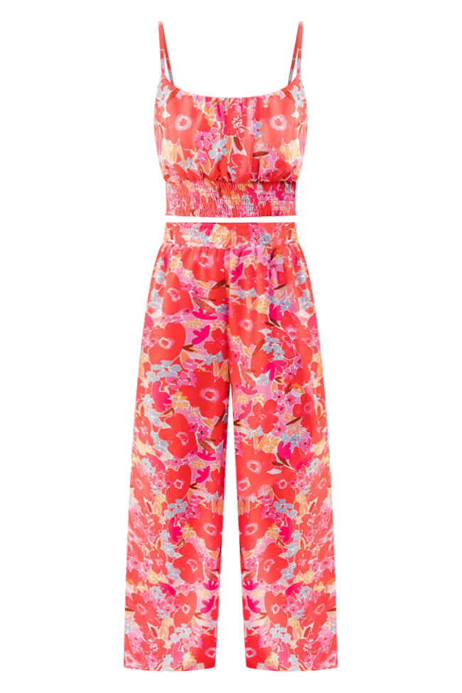 Boho Floral Two Piece Pant Set  In Red Pappy-Mesadic