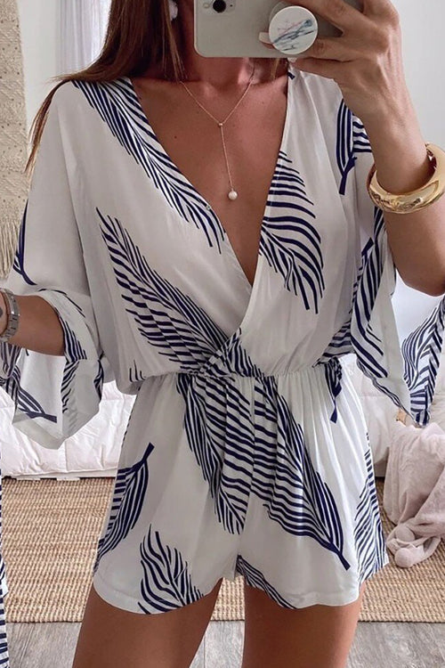 Kimono V Neck Leaf Print Wrapped Batwing Romper In White-CALLISTARI